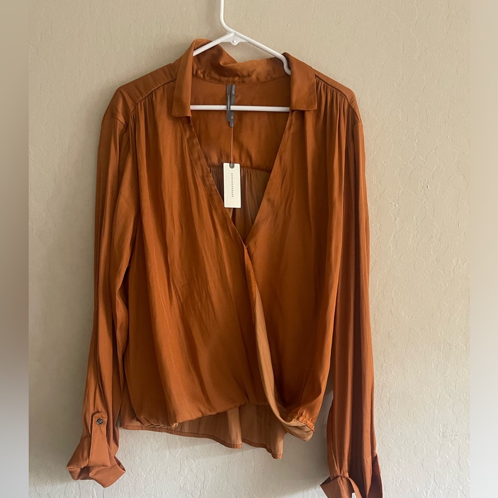 Anthropologie Copper Silky V Neck Blouse